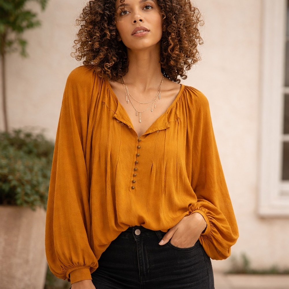 Free‎ People Mustard Textured Knit Devin Henley Bishop Sleeve Blouse Boho XS